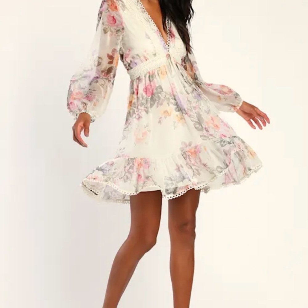 Lulus Sweetness Season Ivory Floral Print Long Sleeve Mini Dress Size small